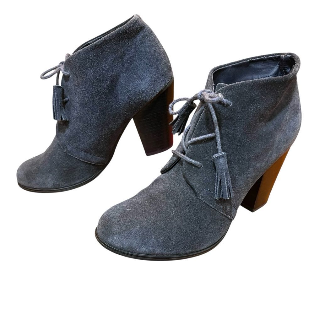 Bjorndal Gray Suede Booties Ankle Boots Lace Up Tassel Fringe Academia Heel 8.5